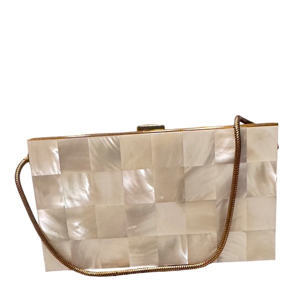 Handbags - Vintage Mother of Pearl Mosaic Clutch 
Bag Gold Tone Compact Mirror Purse
1950's